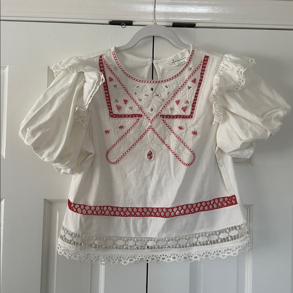 Anthropologie Embroidered - Puff Sleeved Red & White Top